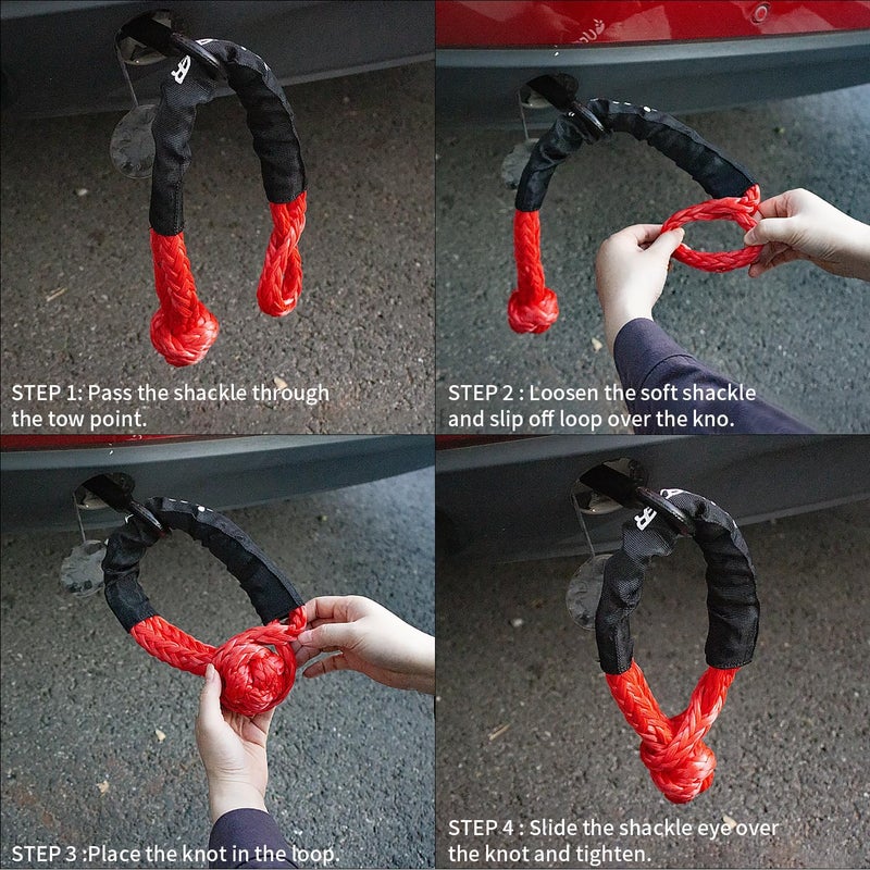 UCEDER Soft Shackle,Synthetic Shackle Rope Recovery Kit with Extra Protective Sleeves(56,000 lbs Breaking Strength) Heavy Duty Tow Shackles for Off-Road, Truck, Jeep, SUV, UTV, ATV (Red) - Image 5